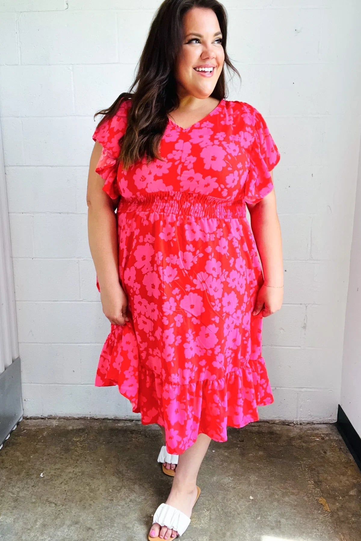 Remember Me Red & Pink Floral Print Smocked Waist Midi Dress | Daverri Fashions