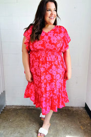 Remember Me Red & Pink Floral Print Smocked Waist Midi Dress | Daverri Fashions