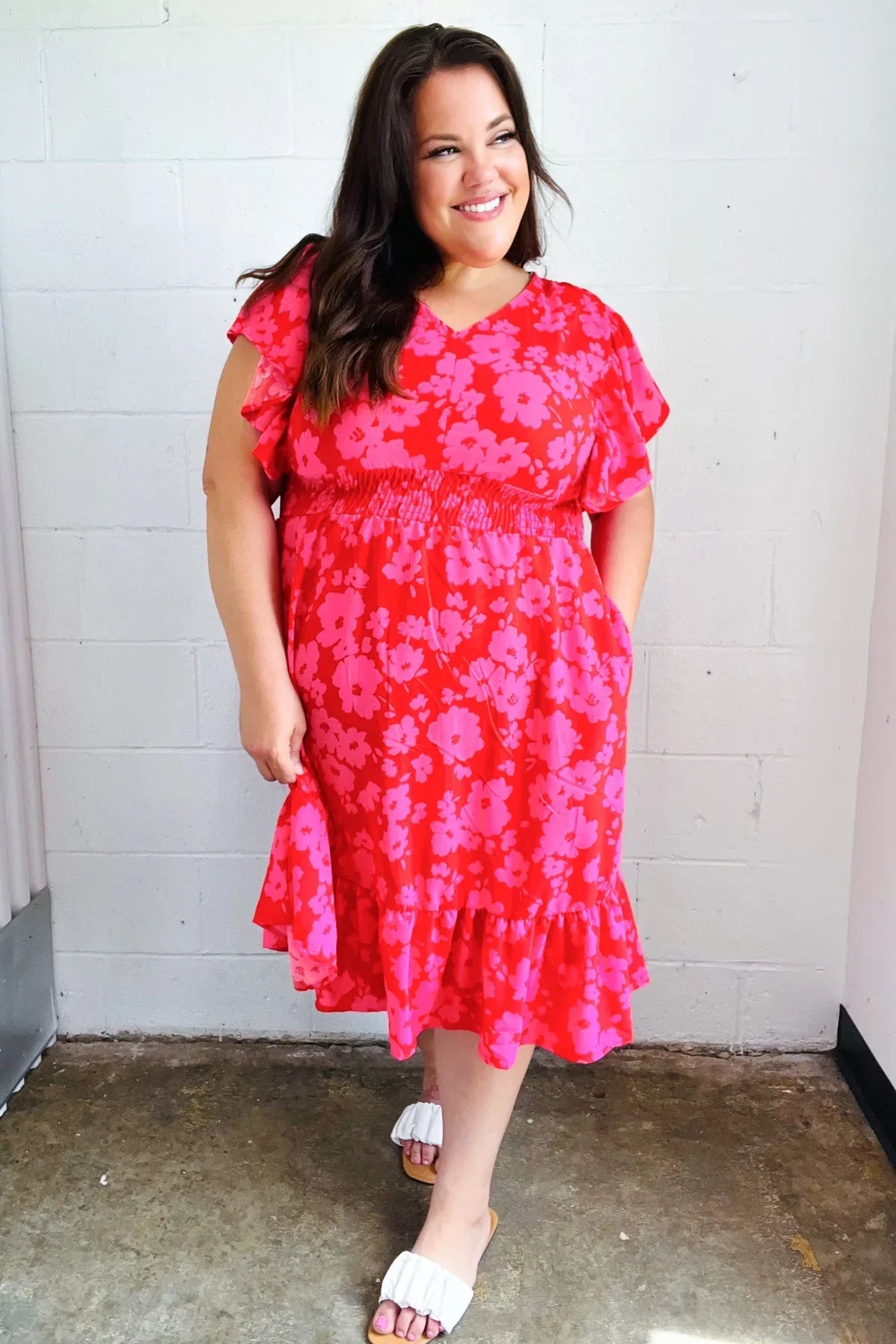 Remember Me Red & Pink Floral Print Smocked Waist Midi Dress | Daverri Fashions
