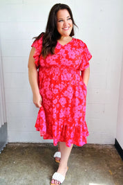 Remember Me Red & Pink Floral Print Smocked Waist Midi Dress | Daverri Fashions