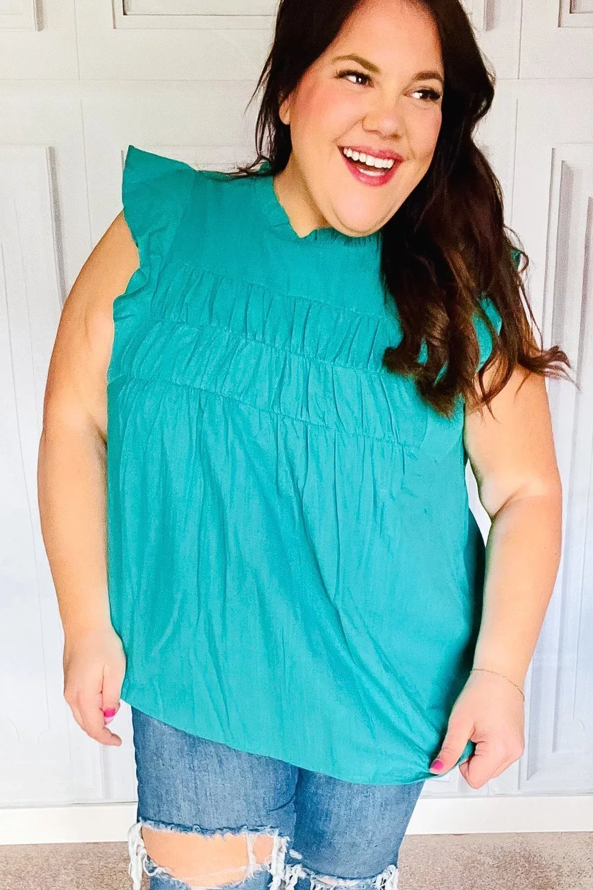 Love Life Cotton Turquoise Frill Mock Neck Flutter Sleeve Top - DAVERRI FASHIONS