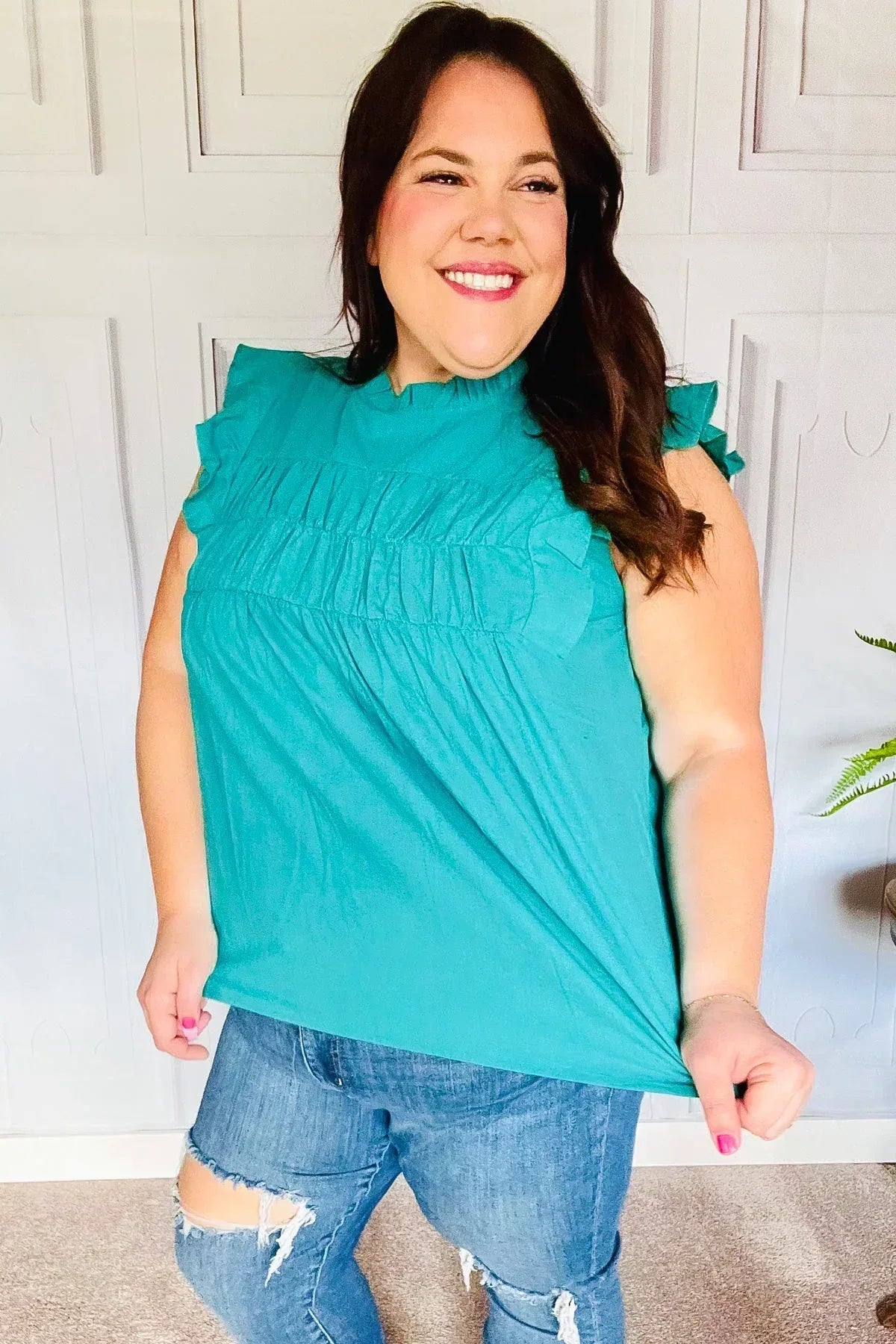 Love Life Cotton Turquoise Frill Mock Neck Flutter Sleeve Top - DAVERRI FASHIONS