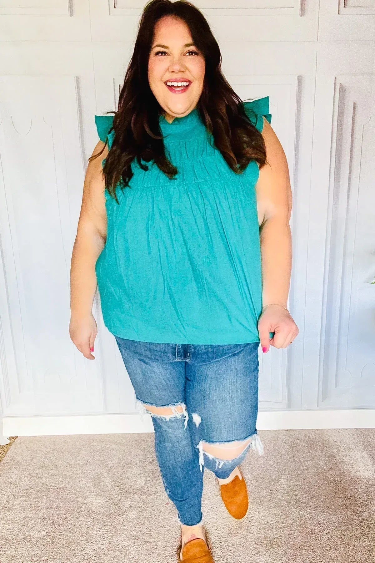 Love Life Cotton Turquoise Frill Mock Neck Flutter Sleeve Top - DAVERRI FASHIONS