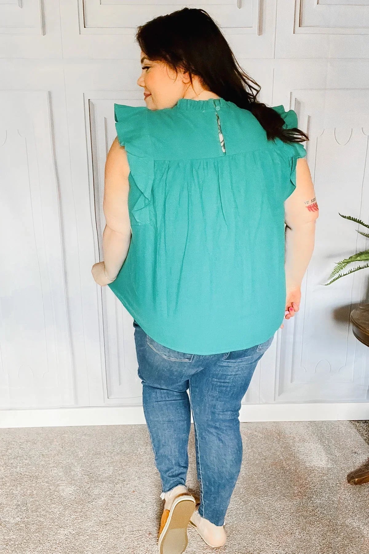 Love Life Cotton Turquoise Frill Mock Neck Flutter Sleeve Top | Daverri Fashions