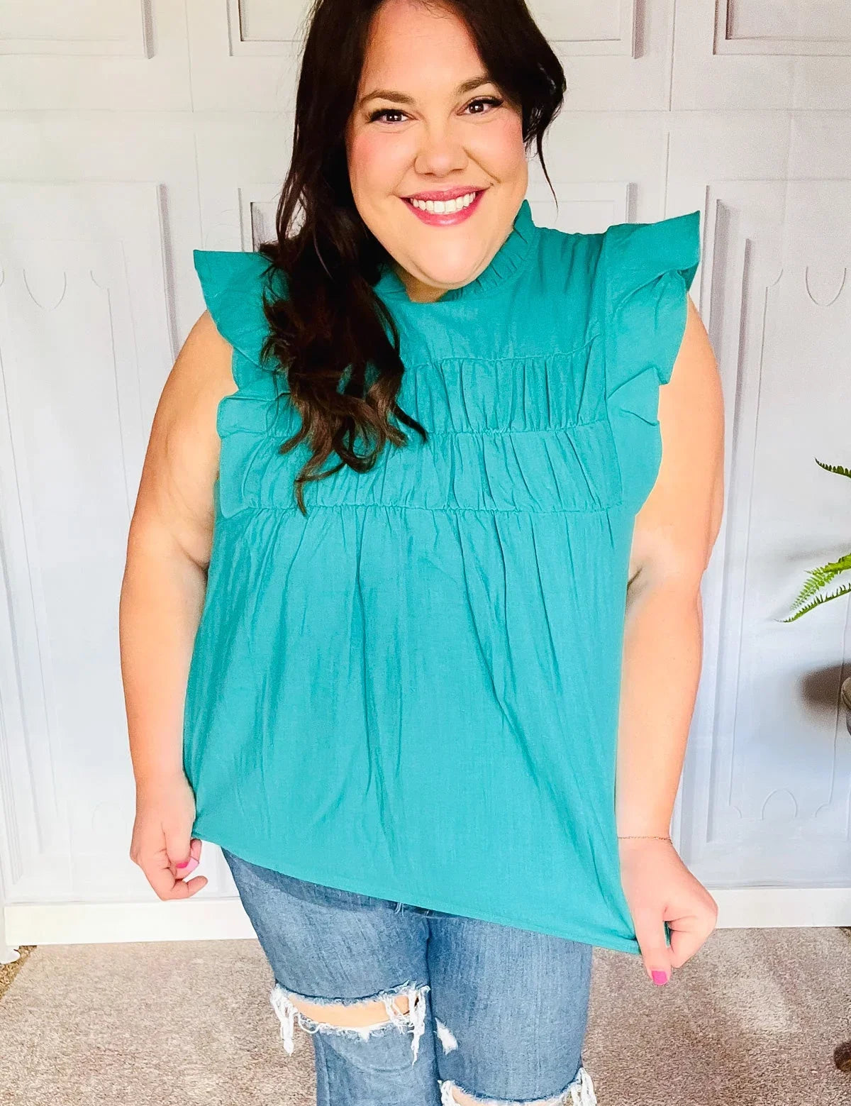 Love Life Cotton Turquoise Frill Mock Neck Flutter Sleeve Top | Daverri Fashions