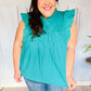 Love Life Cotton Turquoise Frill Mock Neck Flutter Sleeve Top - DAVERRI FASHIONS