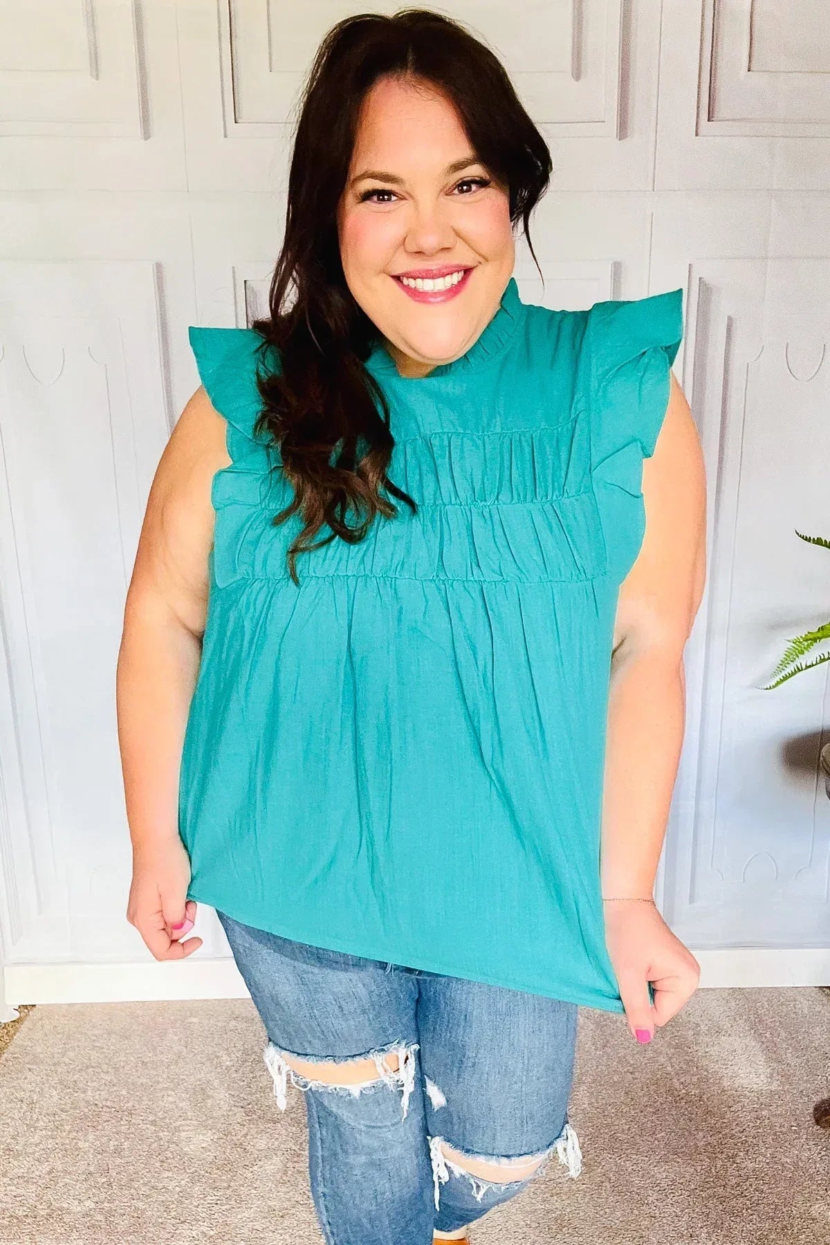 Love Life Cotton Turquoise Frill Mock Neck Flutter Sleeve Top - DAVERRI FASHIONS