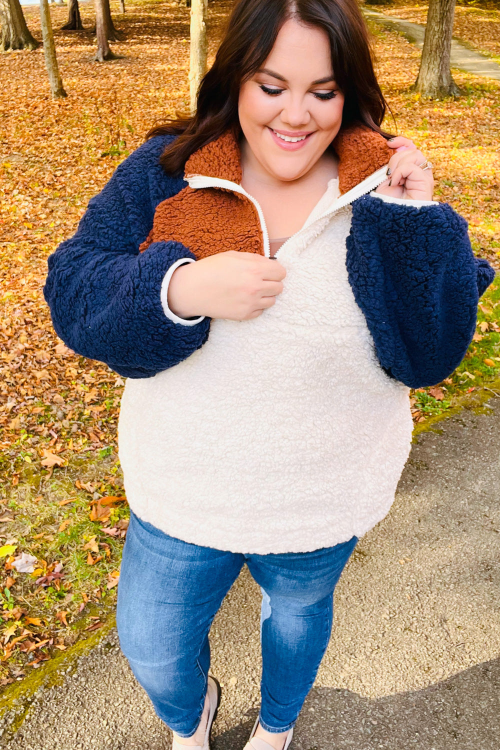 Cozy Seize The Day navy & taupe quarter zip sherpa pullover