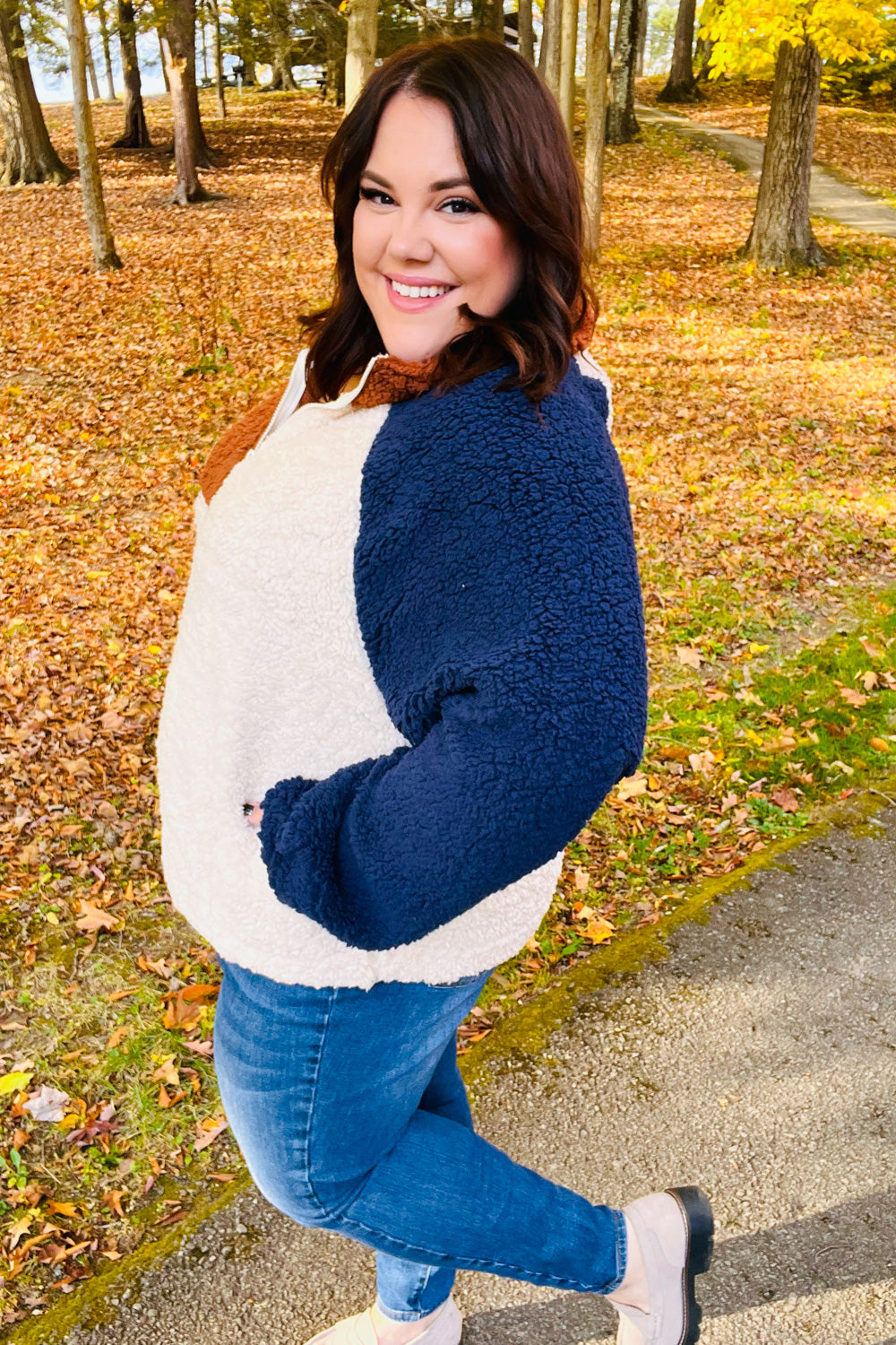 Cozy navy and taupe quarter zip sherpa pullover sweater