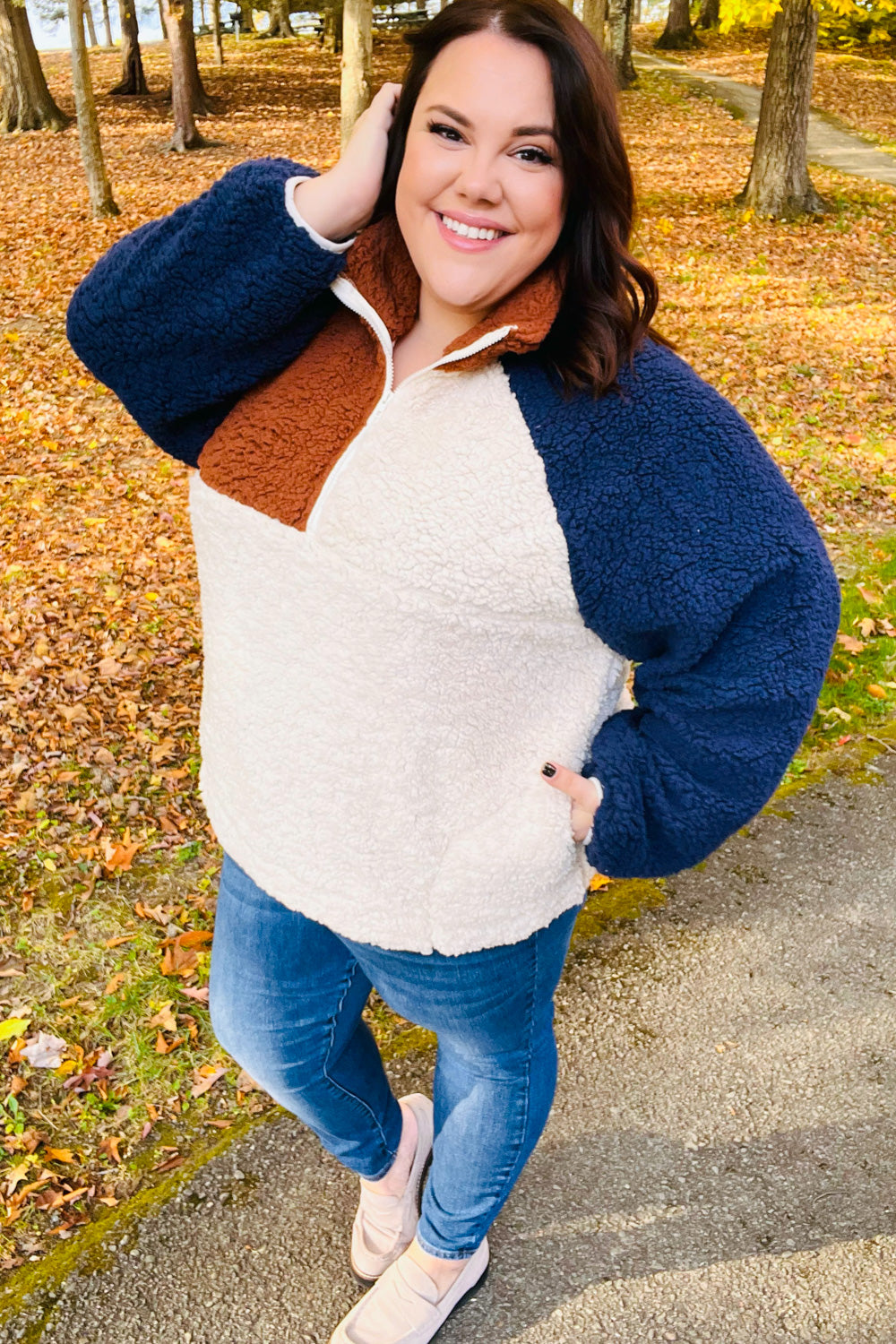Cozy Seize The Day navy and taupe quarter zip sherpa pullover with three-tone fleece