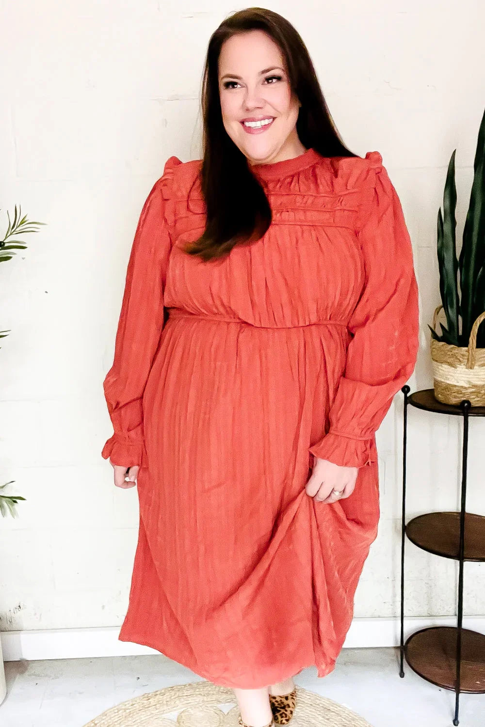 Love Found Rust Mock Neck Embossed Lined Dress | 2024 Blow-Out Sale Daverri Fashions