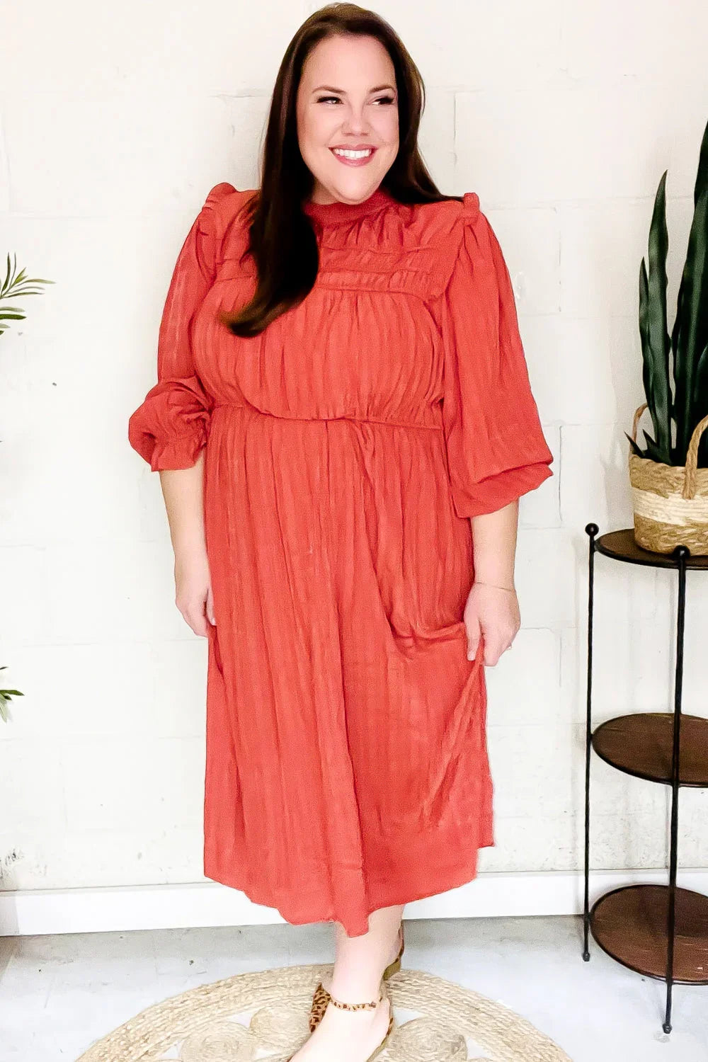 Love Found Rust Mock Neck Embossed Lined Dress | 2024 Blow-Out Sale Daverri Fashions