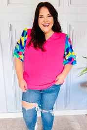 Tell Your Story Fuchsia Geo Print Puff Sleeve V Neck Top | 07-01-25 Summer Sale Daverri Fashions