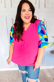 Tell Your Story Fuchsia Geo Print Puff Sleeve V Neck Top | 07-01-25 Summer Sale Daverri Fashions