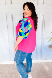 Tell Your Story Fuchsia Geo Print Puff Sleeve V Neck Top | 07-01-25 Summer Sale Daverri Fashions