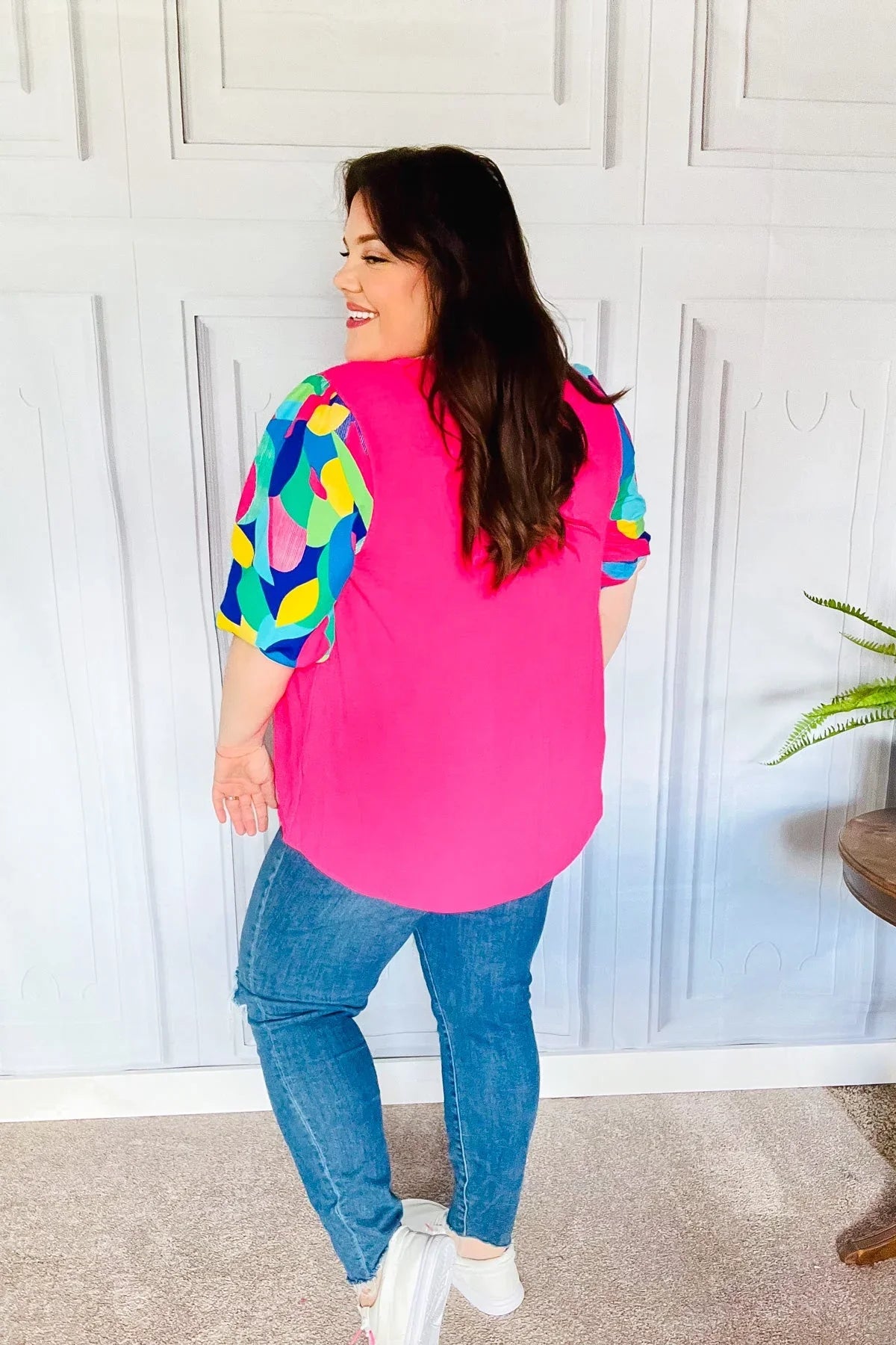 Tell Your Story Fuchsia Geo Print Puff Sleeve V Neck Top | 07-01-25 Summer Sale Daverri Fashions
