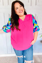 Tell Your Story Fuchsia Geo Print Puff Sleeve V Neck Top | 07-01-25 Summer Sale Daverri Fashions