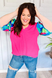 Tell Your Story Fuchsia Geo Print Puff Sleeve V Neck Top | 07-01-25 Summer Sale Daverri Fashions