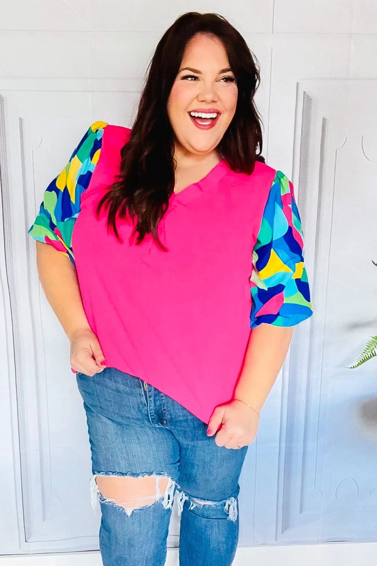 Tell Your Story Fuchsia Geo Print Puff Sleeve V Neck Top | 07-01-25 Summer Sale Daverri Fashions