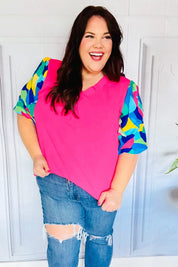Tell Your Story Fuchsia Geo Print Puff Sleeve V Neck Top | 07-01-25 Summer Sale Daverri Fashions