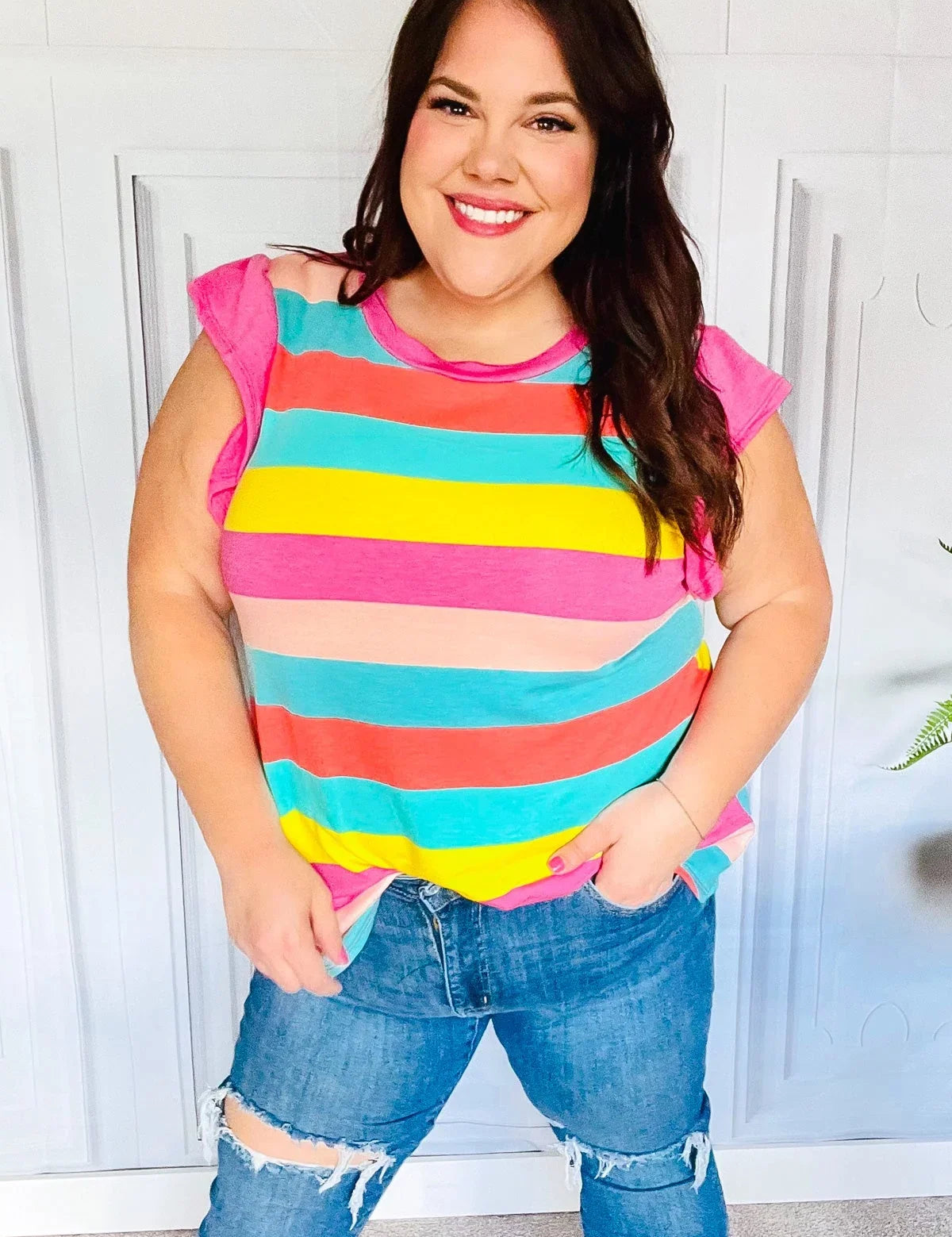 Relaxed Fun Mint & Fuchsia Stripe Flutter Sleeve Terry Knit Top | Daverri Fashions