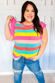Relaxed Fun Mint & Fuchsia Stripe Flutter Sleeve Terry Knit Top | Daverri Fashions