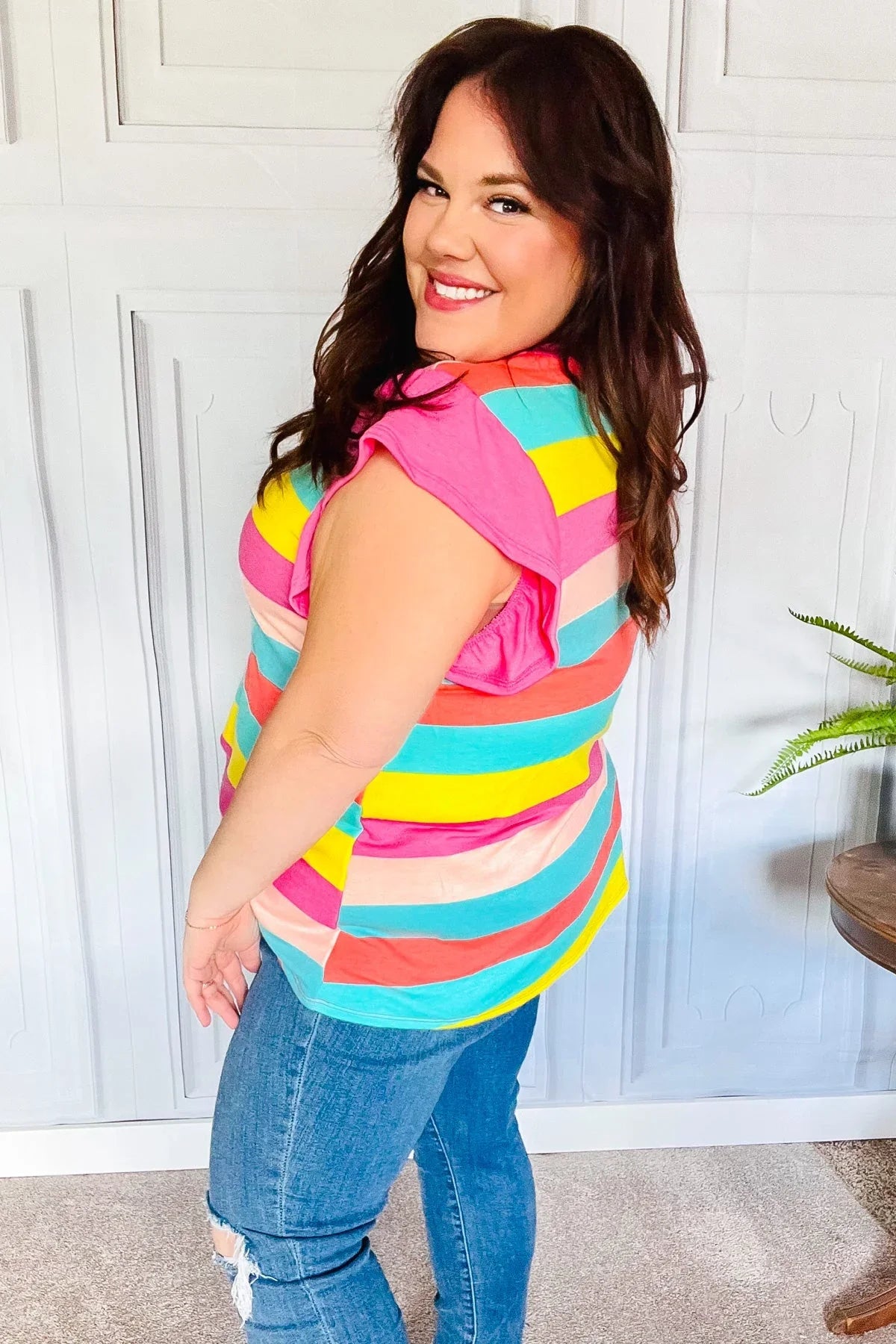 Relaxed Fun Mint & Fuchsia Stripe Flutter Sleeve Terry Knit Top | Daverri Fashions