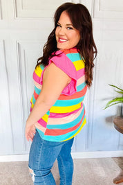 Relaxed Fun Mint & Fuchsia Stripe Flutter Sleeve Terry Knit Top | Daverri Fashions