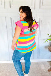 Relaxed Fun Mint & Fuchsia Stripe Flutter Sleeve Terry Knit Top | Daverri Fashions