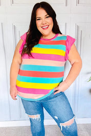 Relaxed Fun Mint & Fuchsia Stripe Flutter Sleeve Terry Knit Top | Daverri Fashions