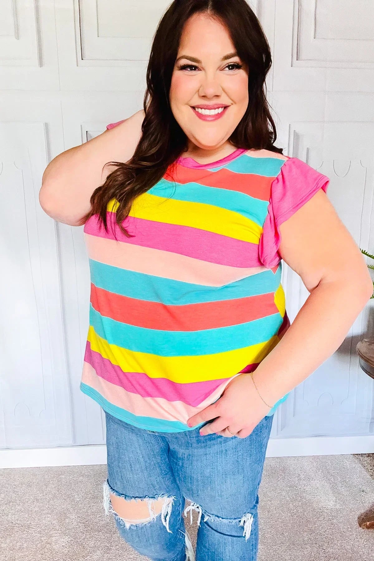 Relaxed Fun Mint & Fuchsia Stripe Flutter Sleeve Terry Knit Top | Daverri Fashions