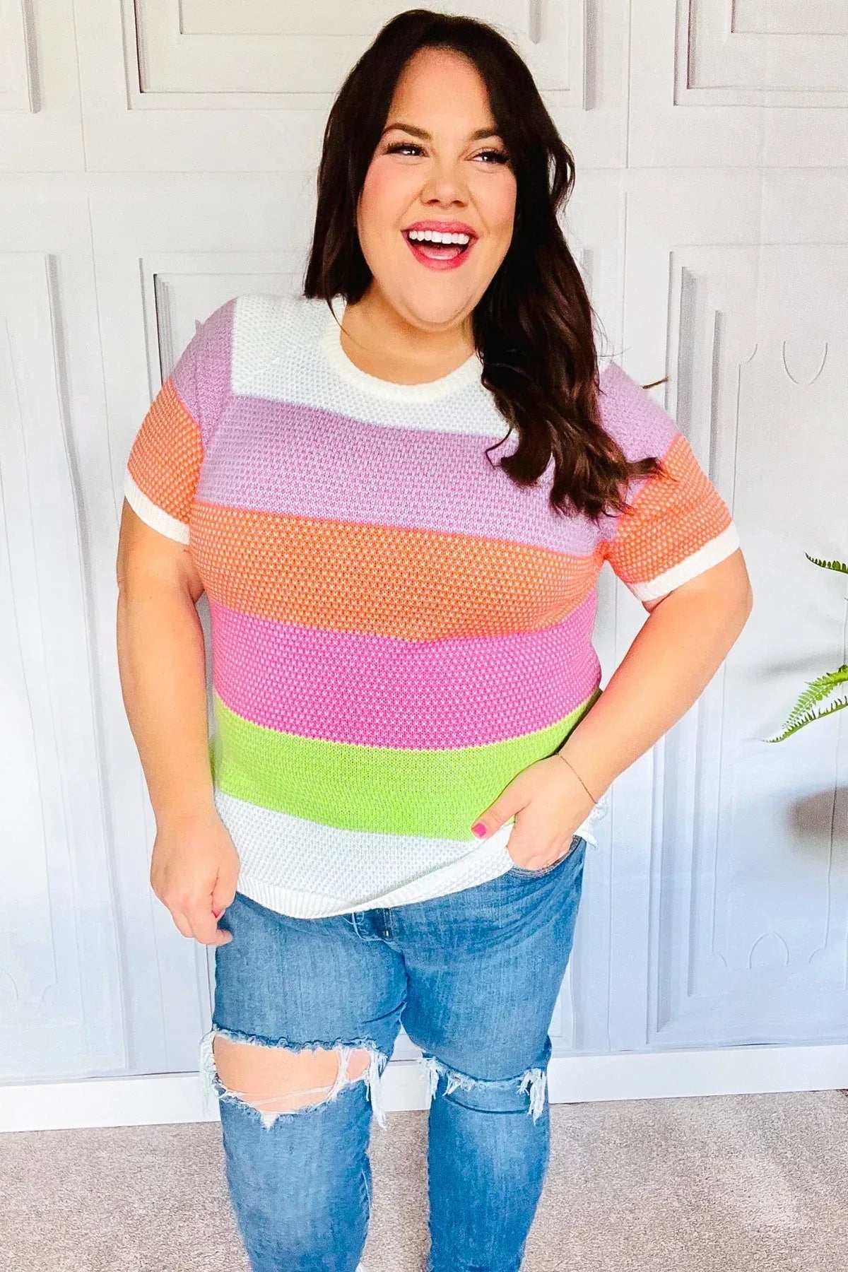 Get Started Lavender & Orange Stripe Jacquard Sweater Top - DAVERRI FASHIONS