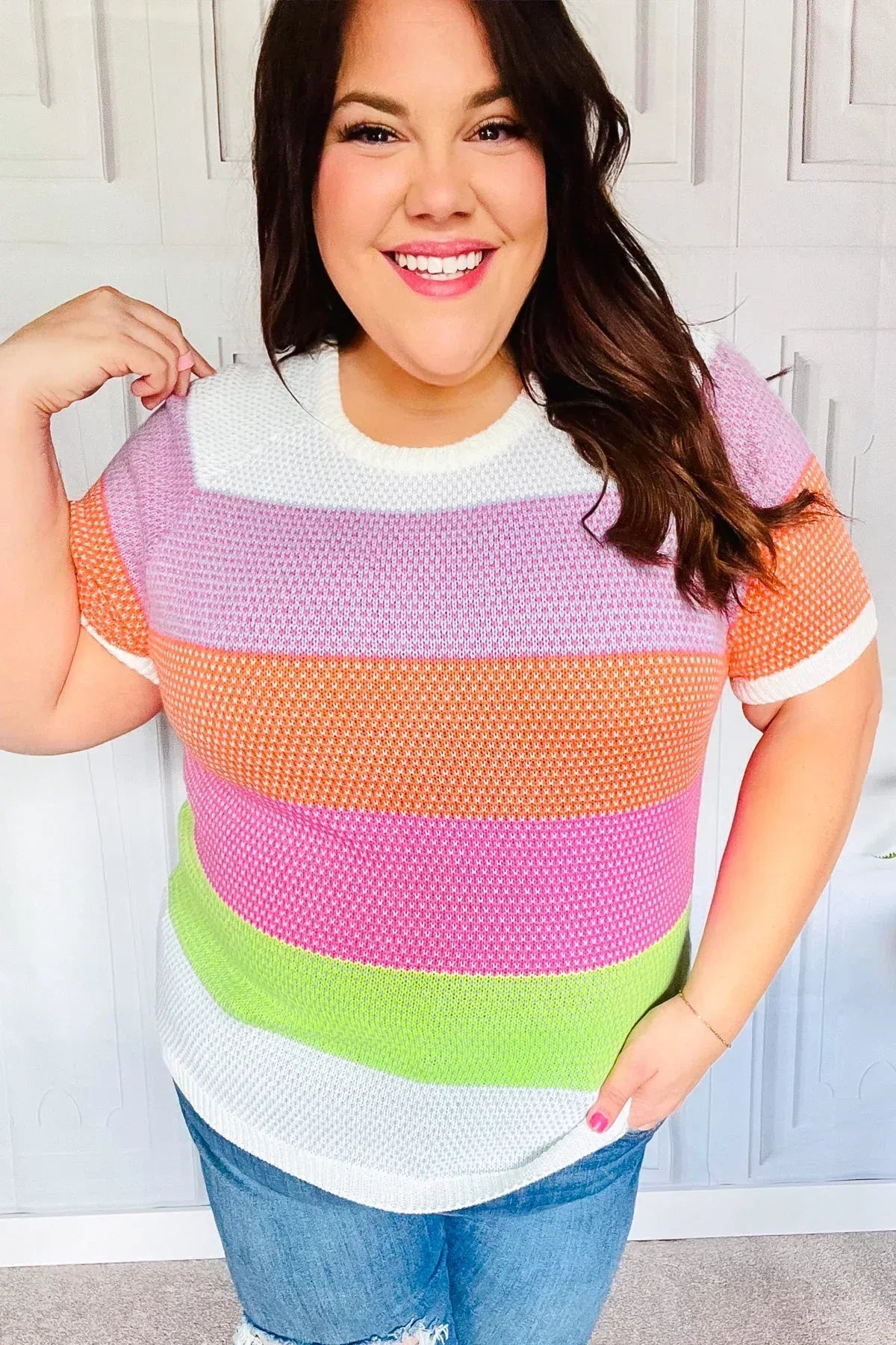 Get Started Lavender & Orange Stripe Jacquard Sweater Top - DAVERRI FASHIONS