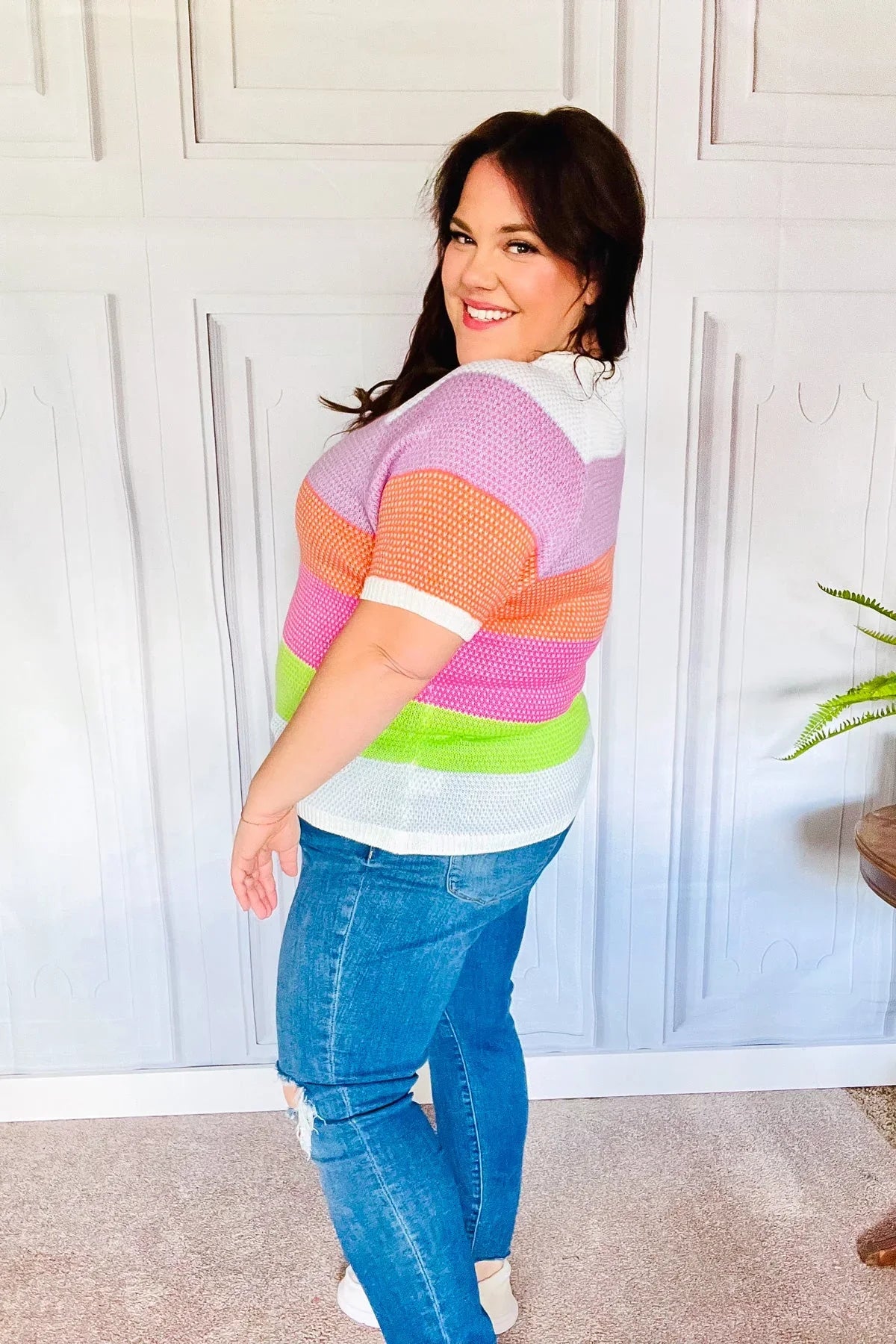 Get Started Lavender & Orange Stripe Jacquard Sweater Top | Daverri Fashions