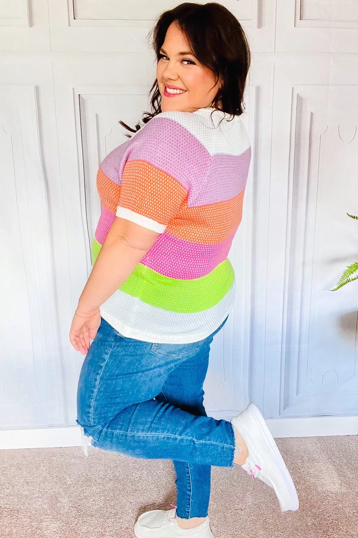 Get Started Lavender & Orange Stripe Jacquard Sweater Top | Daverri Fashions
