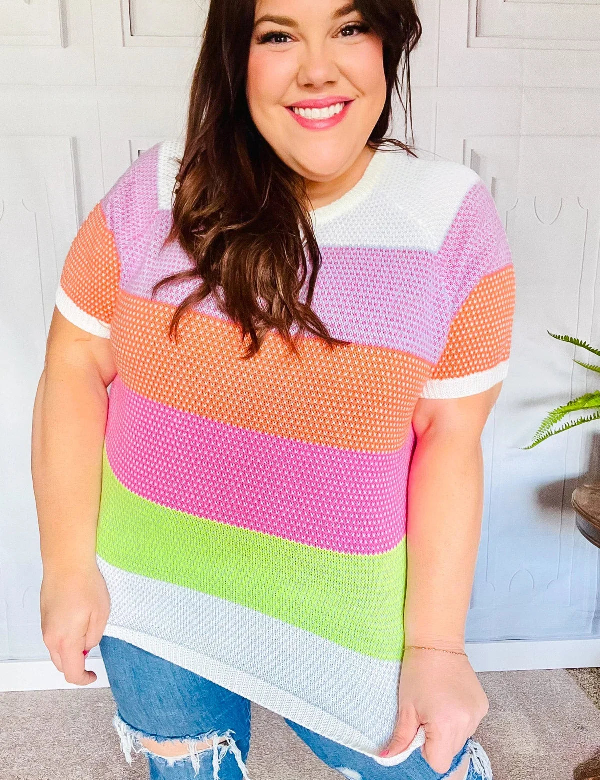 Get Started Lavender & Orange Stripe Jacquard Sweater Top | Daverri Fashions
