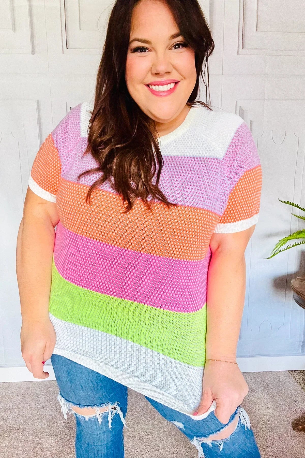 Get Started Lavender & Orange Stripe Jacquard Sweater Top | Daverri Fashions