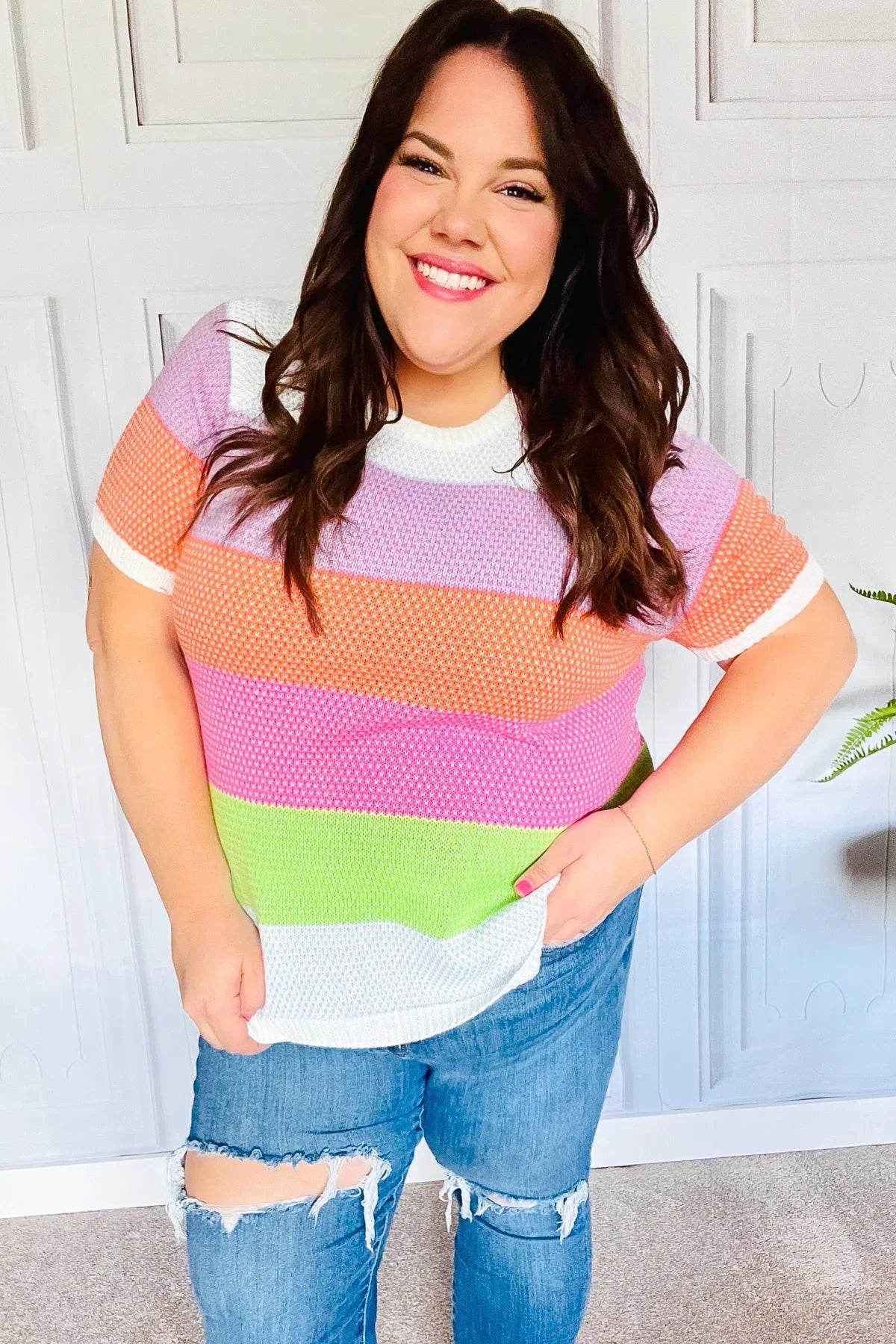 Get Started Lavender & Orange Stripe Jacquard Sweater Top | Daverri Fashions