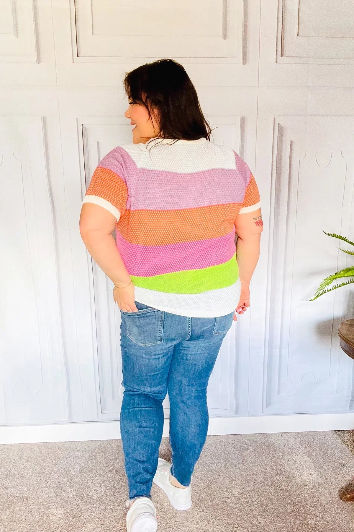 Get Started Lavender & Orange Stripe Jacquard Sweater Top | Daverri Fashions