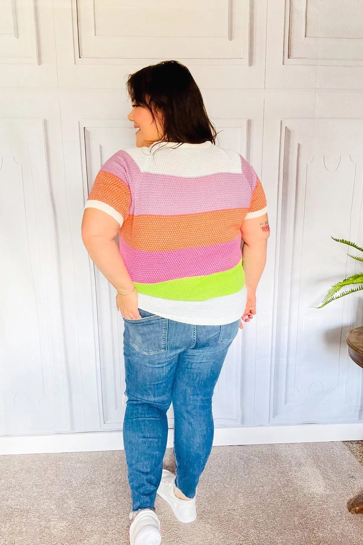 Get Started Lavender & Orange Stripe Jacquard Sweater Top - DAVERRI FASHIONS