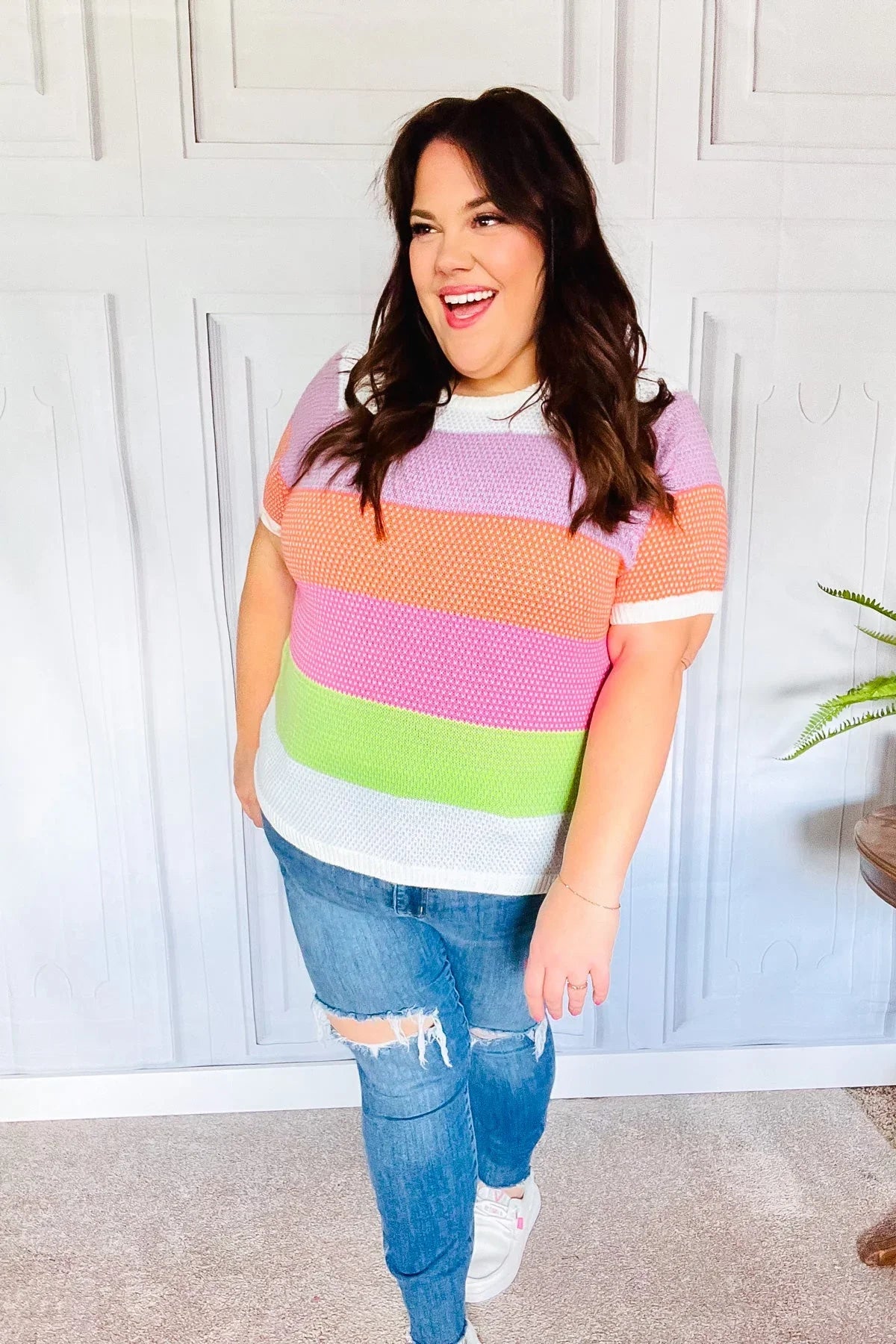 Get Started Lavender & Orange Stripe Jacquard Sweater Top | Daverri Fashions