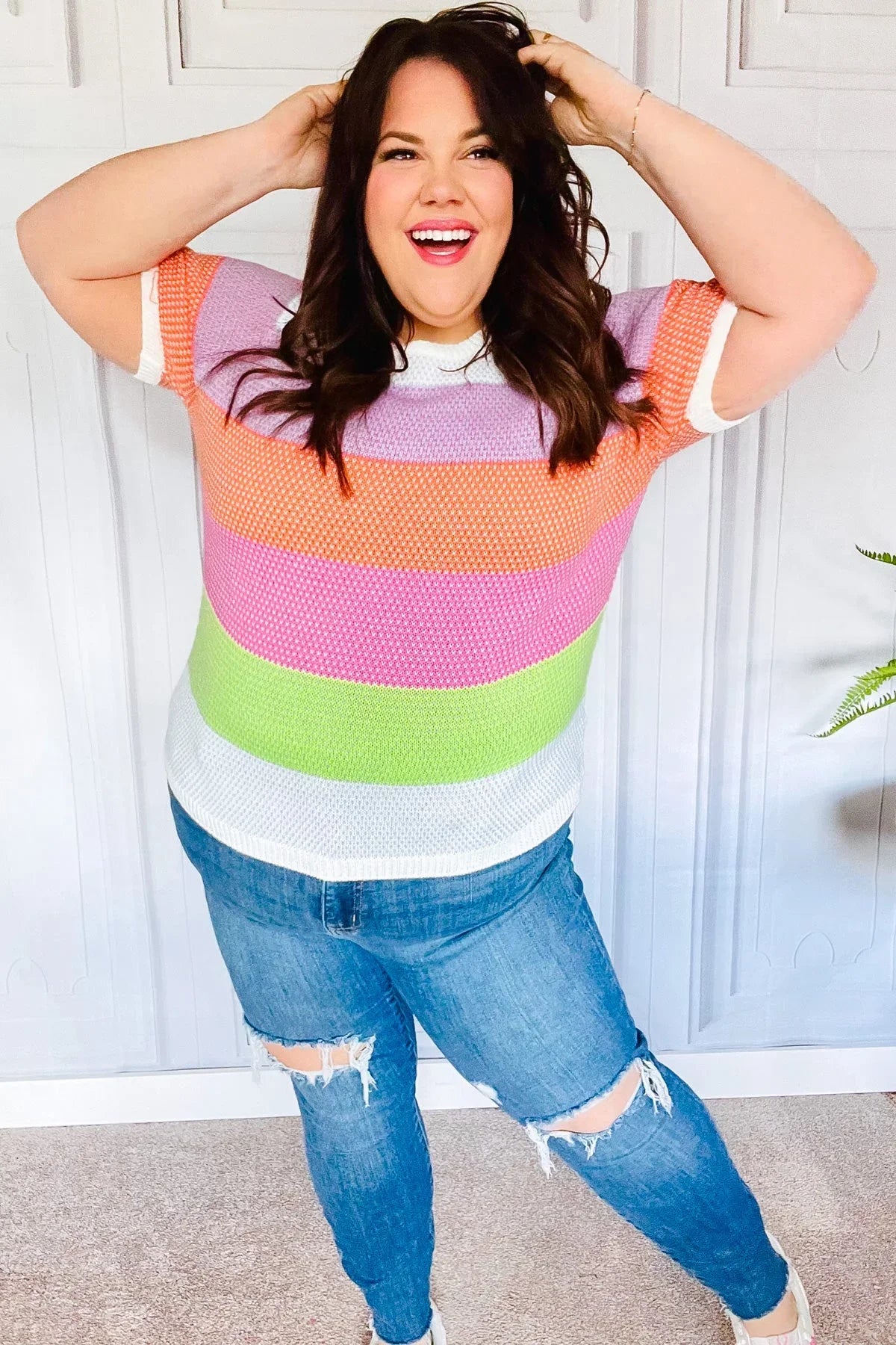 Get Started Lavender & Orange Stripe Jacquard Sweater Top | Daverri Fashions