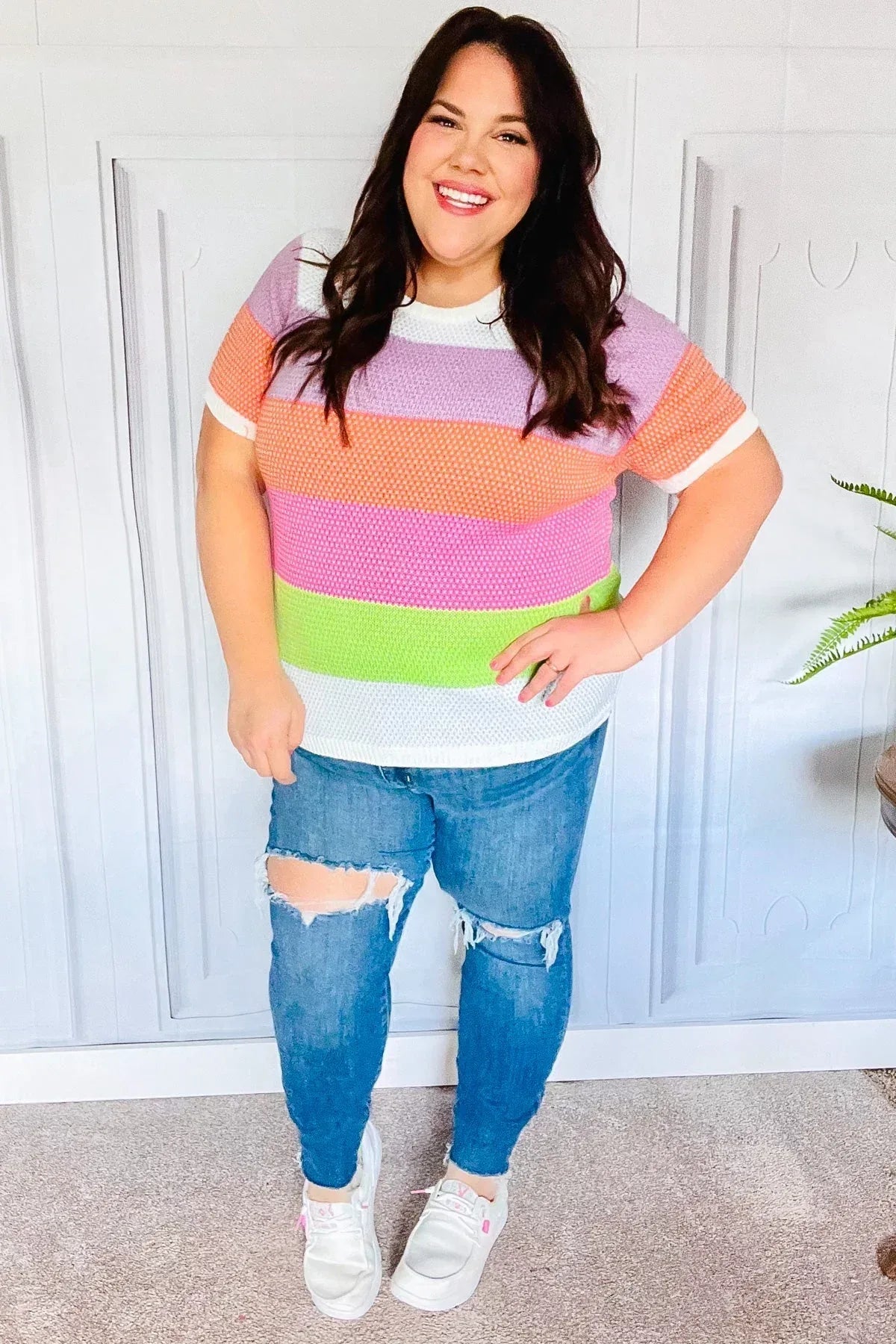 Get Started Lavender & Orange Stripe Jacquard Sweater Top - DAVERRI FASHIONS