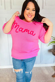 Take A Bow Pink "Mama" Embroidery Puff Sleeve Sweater Top | Daverri Fashions