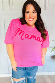 Take A Bow Pink "Mama" Embroidery Puff Sleeve Sweater Top | Daverri Fashions