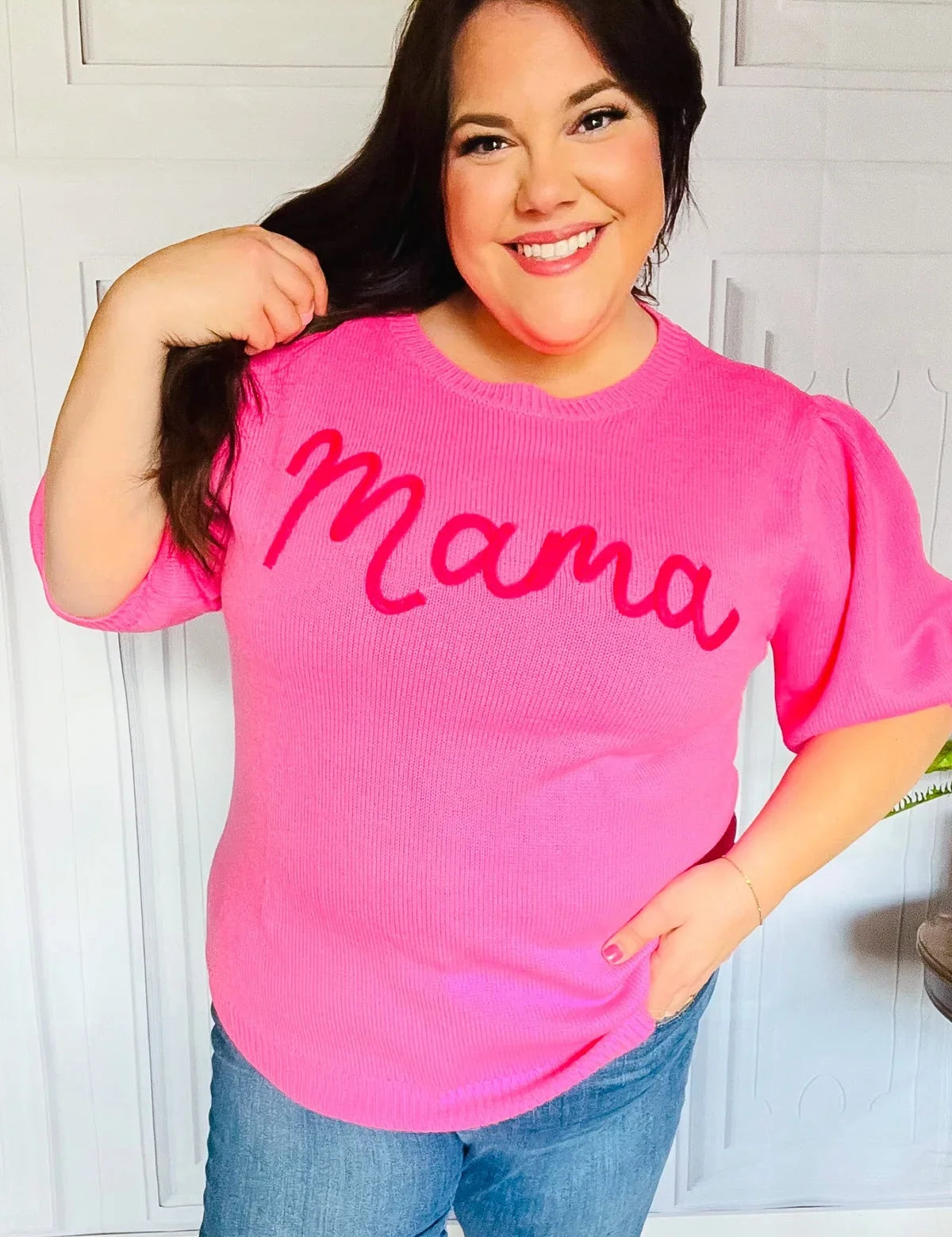 Take A Bow Pink "Mama" Embroidery Puff Sleeve Sweater Top | Daverri Fashions