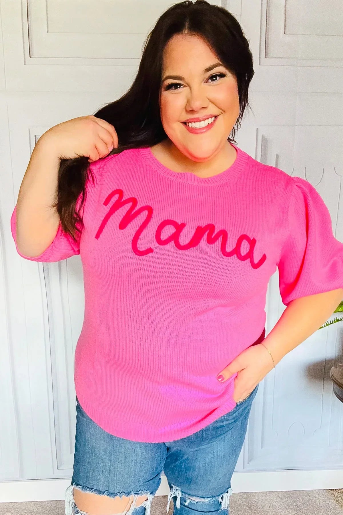 Take A Bow Pink "Mama" Embroidery Puff Sleeve Sweater Top | Daverri Fashions