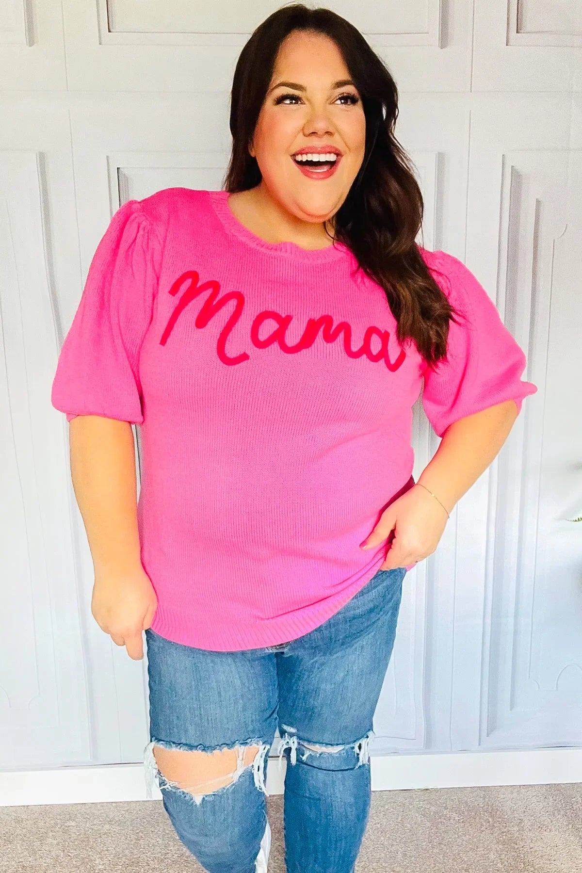 Take A Bow Pink "Mama" Embroidery Puff Sleeve Sweater Top | Daverri Fashions