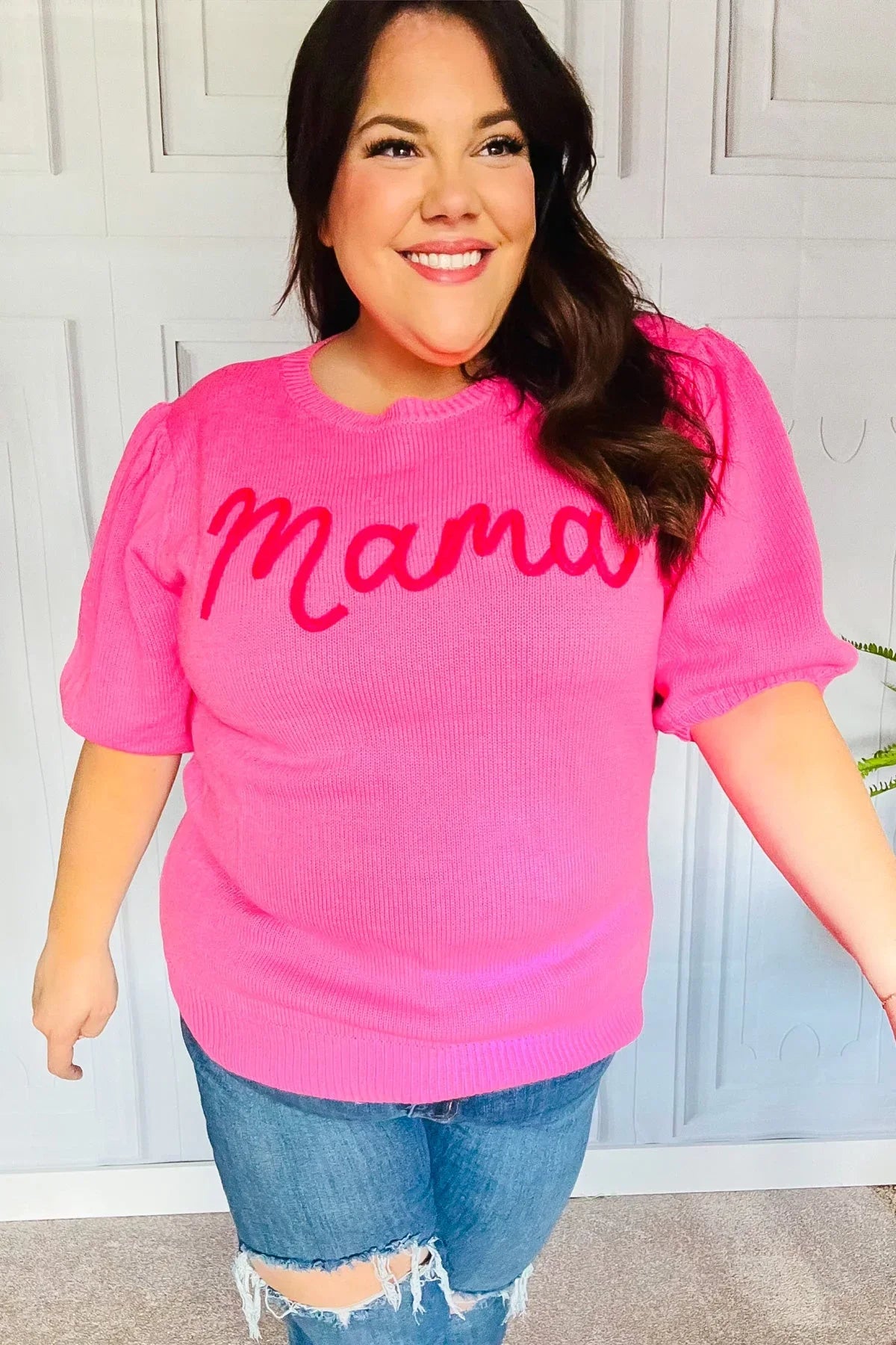 Take A Bow Pink "Mama" Embroidery Puff Sleeve Sweater Top | Daverri Fashions