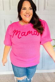 Take A Bow Pink "Mama" Embroidery Puff Sleeve Sweater Top | Daverri Fashions